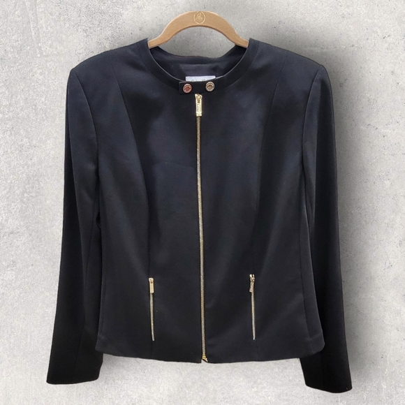 Calvin Klein sleek/chic moto jacket     w/edgy exposed zipper details.   Sz 16 - Picture 11 of 14